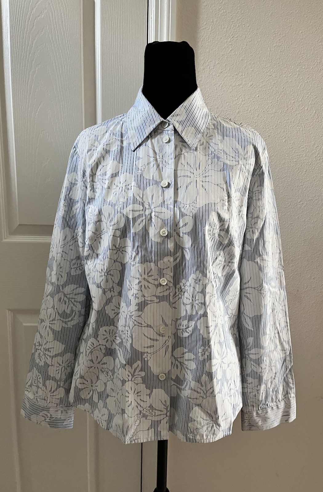Vintage CELINE Floral & Striped Button-Up Long Sleeve Shirt, Size 42, Signed
