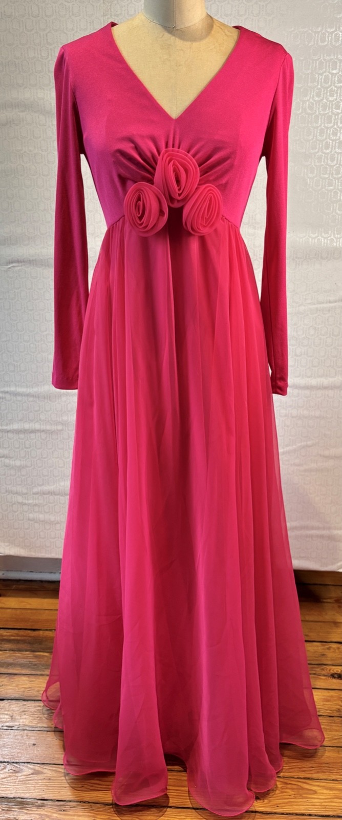 NOS VTG 60&rsquo;S MISS ELLIETTE DEEP PINK CHIFFON FULL SWEEP MOD GODDESS MAXI DRESS*S