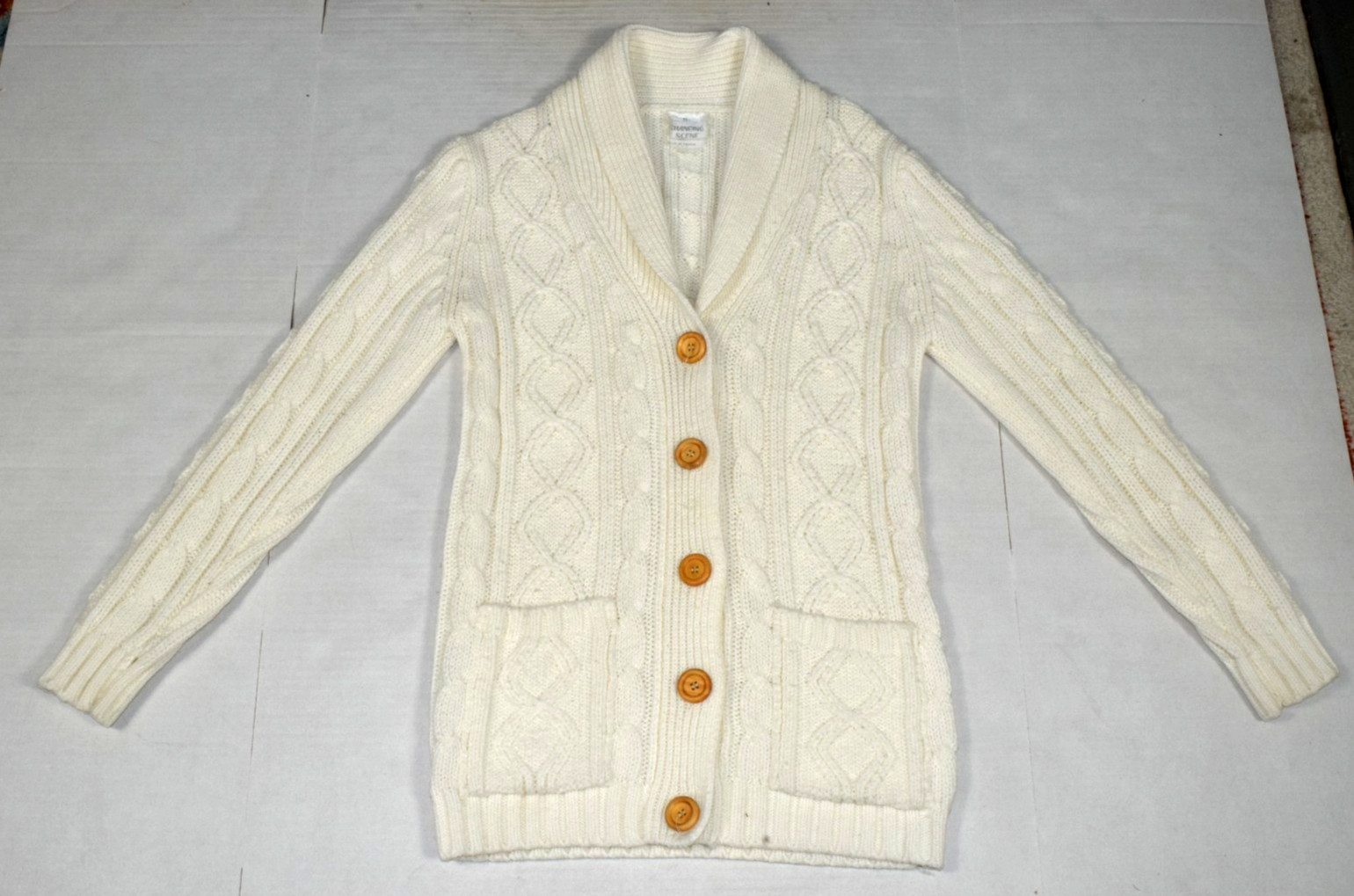Vintage Cardigan Sweater Changing Scene Size S 80s White Cable Knit Wood Buttons
