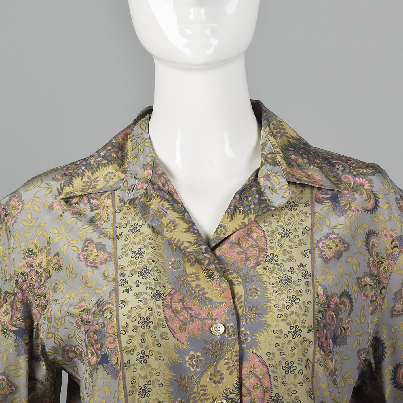 Large 1970s Byblos Silk Blouse Grey Baroque Print VTG Metallic Gold Button Up