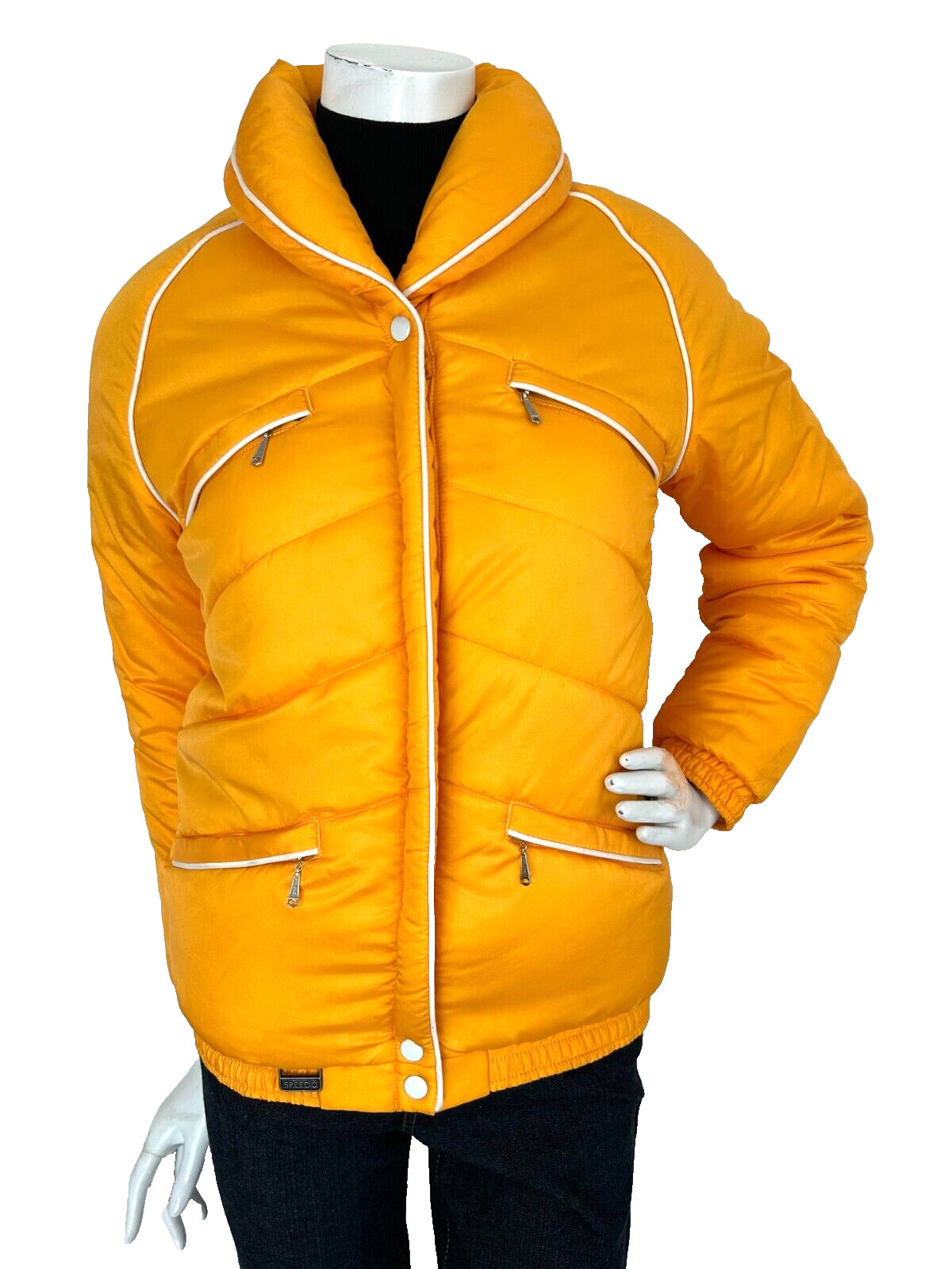 70s Speedo Puffer Jacket Size Small Zip Shawl Collar Pockets Long Sleeve Orange