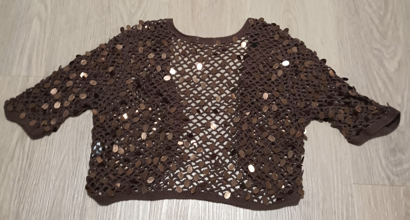 Vtg 90s Open Knit Stretch Brown Sequin Sparkle Open Bolero Cropped Jacket Top S