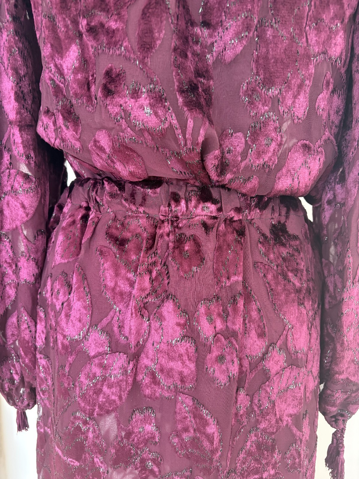 VTG 1977 Oscar de la Renta Burgundy Devoré Tassel Blouse & Skirt Set