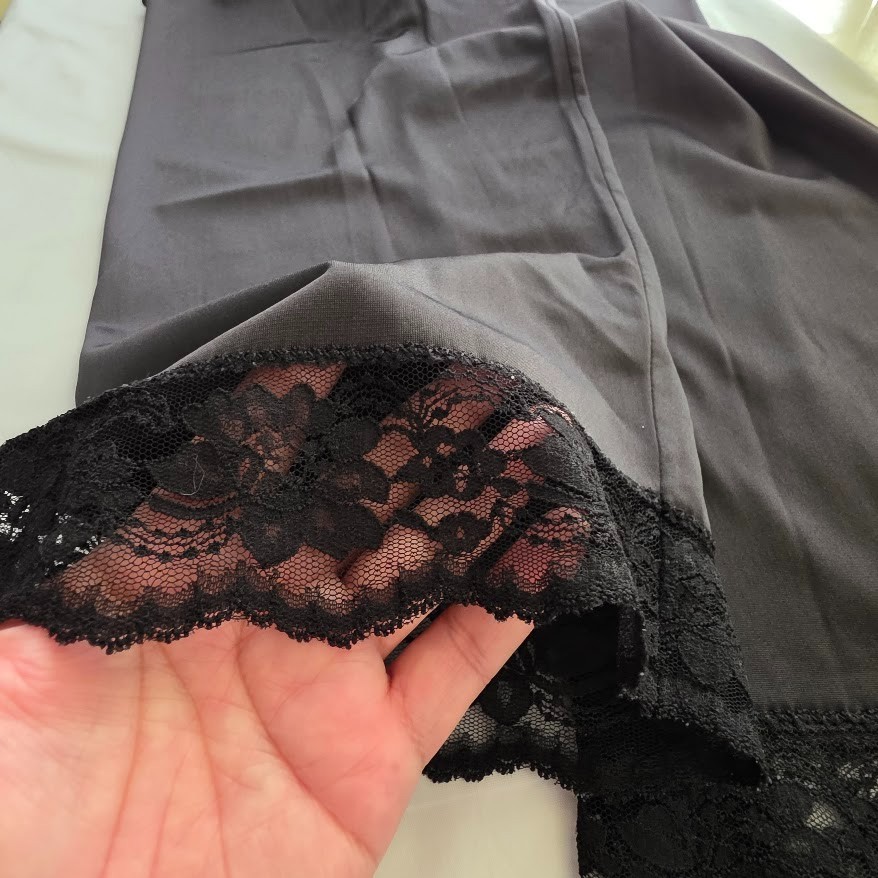 Vintage Nylon Sleepware Pants Medium Black Elastic Waist Lace Hem Grannypants