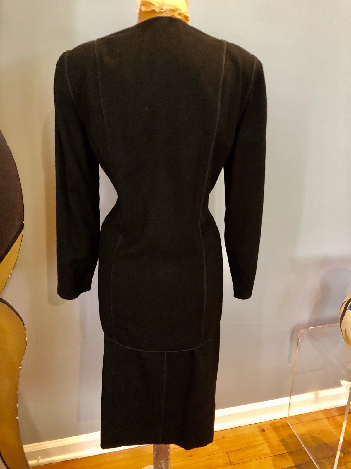 Geoffrey Beene Black Wool Jacket & Pencil Skirt Suit Military Edwardian Piping