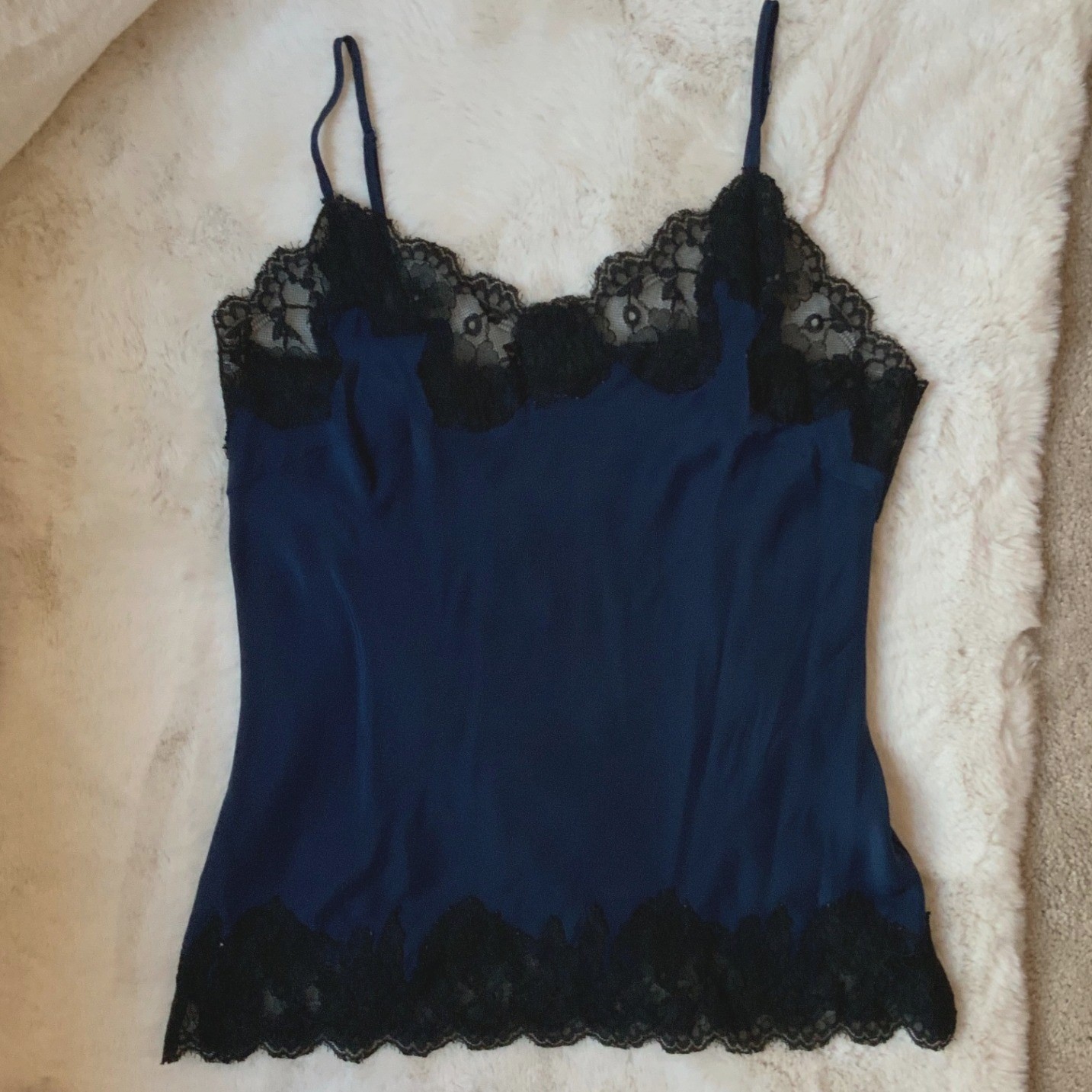 Navy Blue and Black Lace Gold Hawk Silk Cami Large