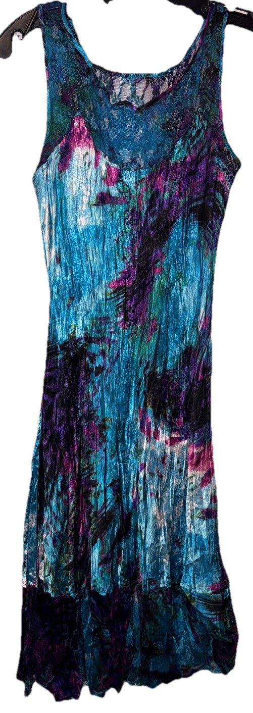 Satin Tie Dye Crinkle Dress Boho Lace Trim Summer Hippie Festival 90s Y2K