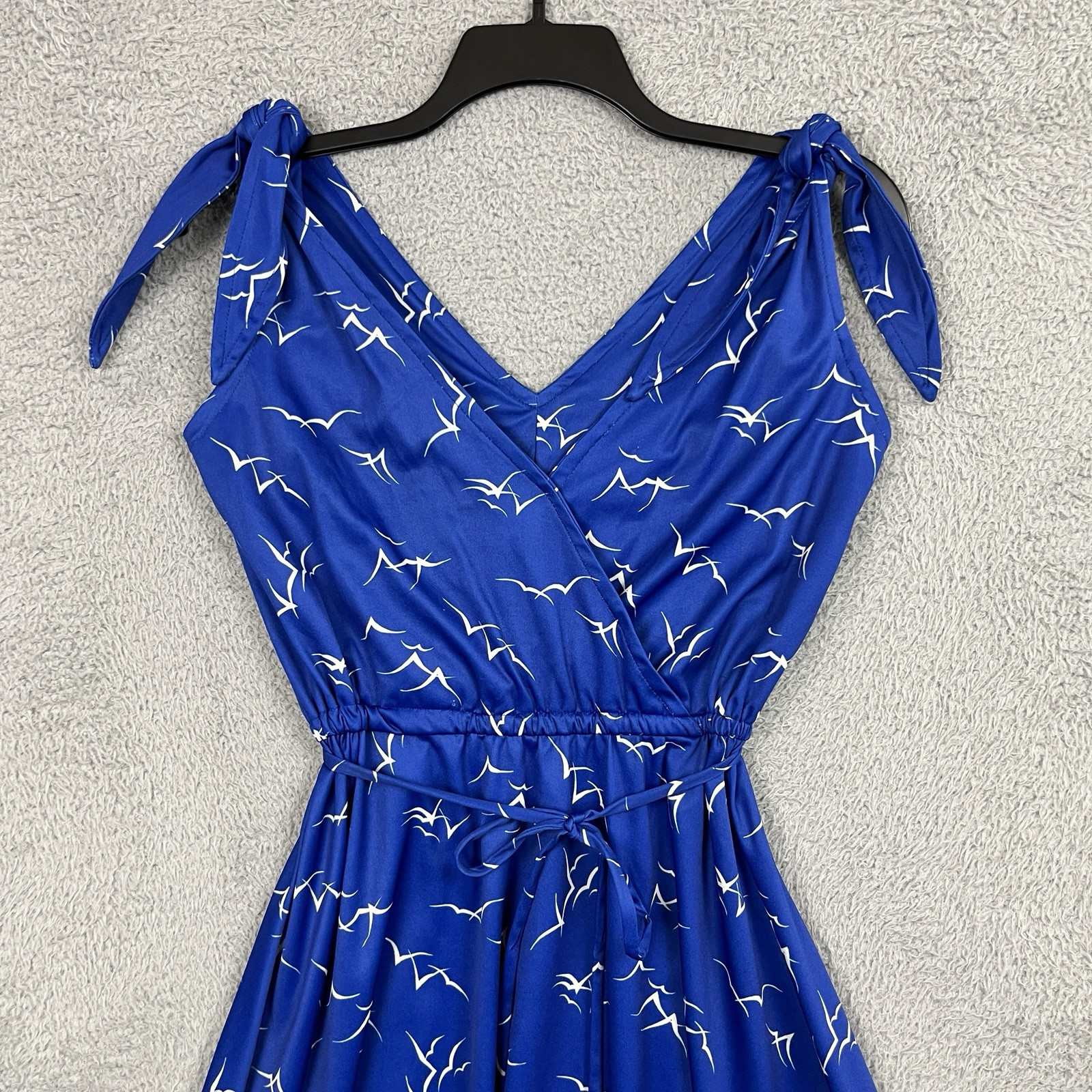 Vintage 70s Dress Womens Small Blue Seaside Seagulls All Over Print Tie Shoulder