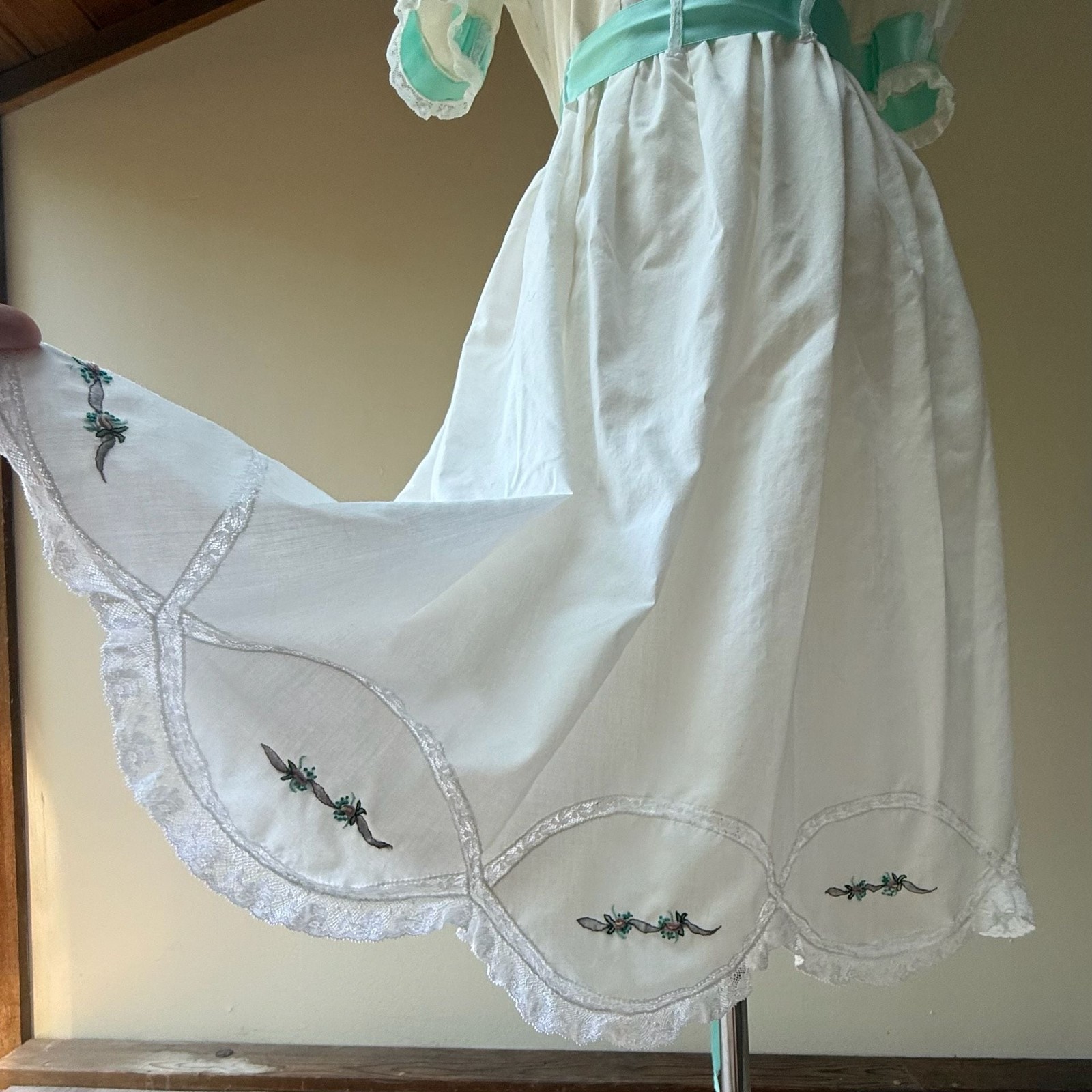 Vintage White Cotton Tea Dress with Aqua Ribbon Sash & Floral Embroidery
