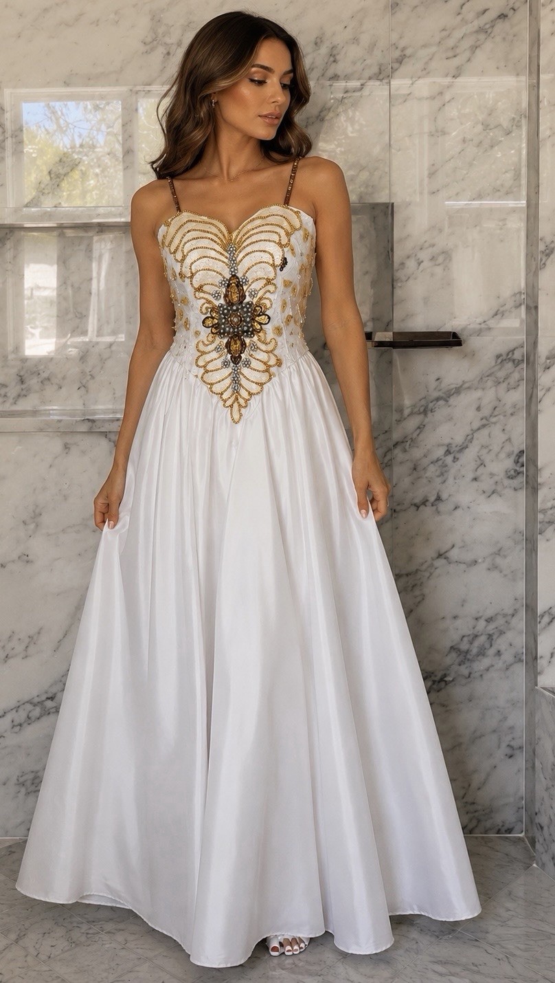 Vintage Alyce Designs White & Gold Beaded Sequin Formal Prom Gown Dress Size 4