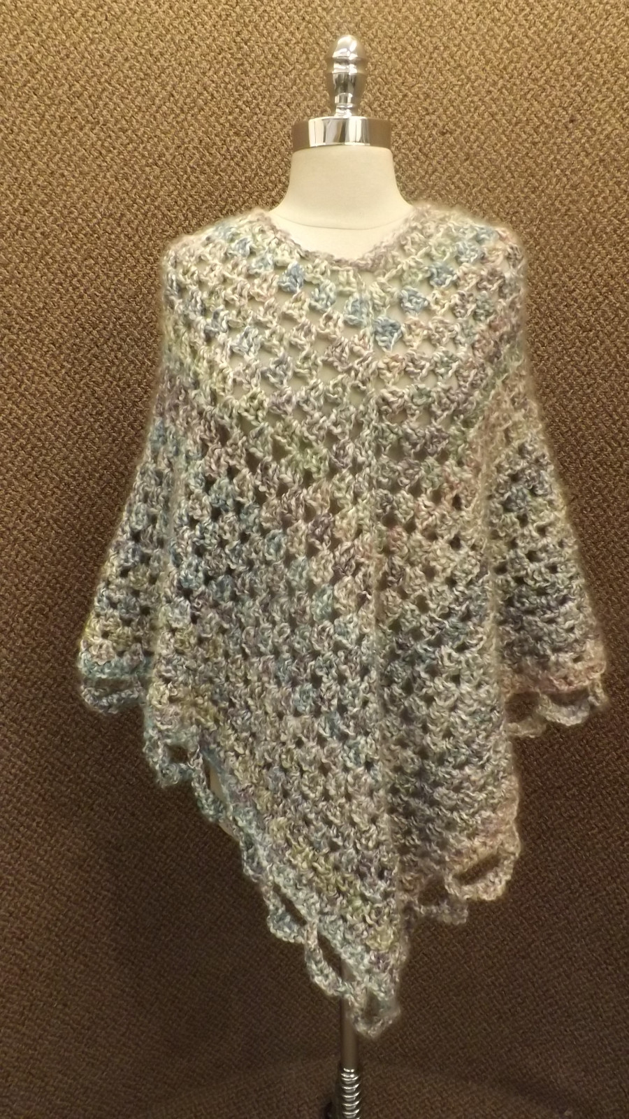 UNUSED Vtg Hand Crocheted Open Work Cape Blended Colors Purple Blue Gray White