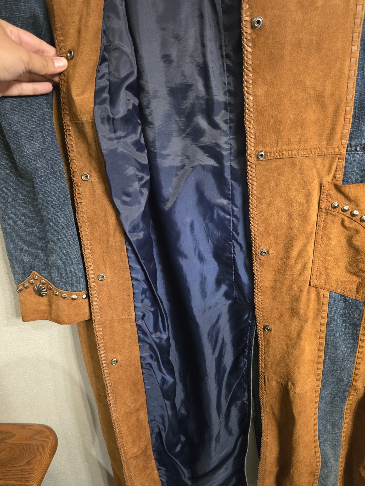 Vintage Cripple Creek Western Leather Denim Duster Long Jacket Trench Coat