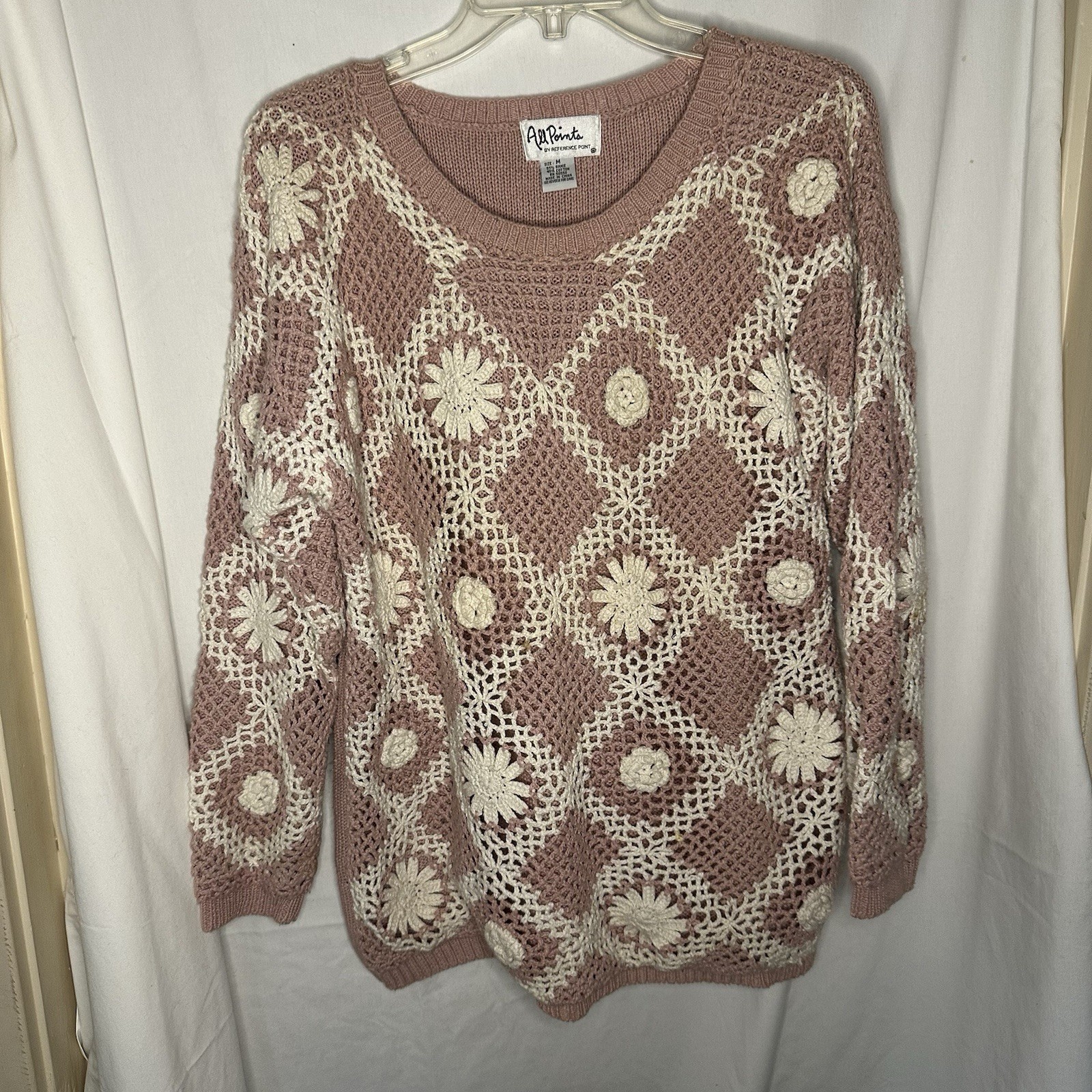 Vintage Women’s M All Points By Reference Point Pink Cream Knit Crochet Sweater