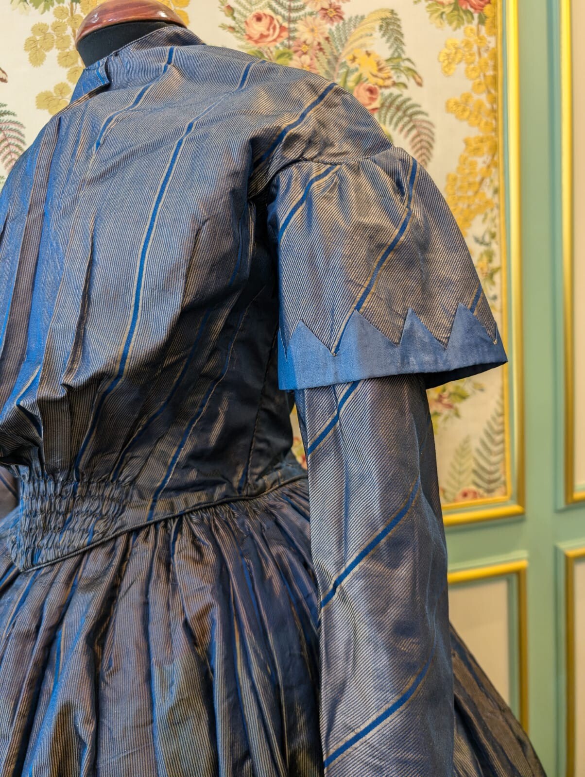 HAND SEWN 1840’S PINSTRIPED SILK TAFFETA TWO PIECE DRESS FROM OHIO ESTATE