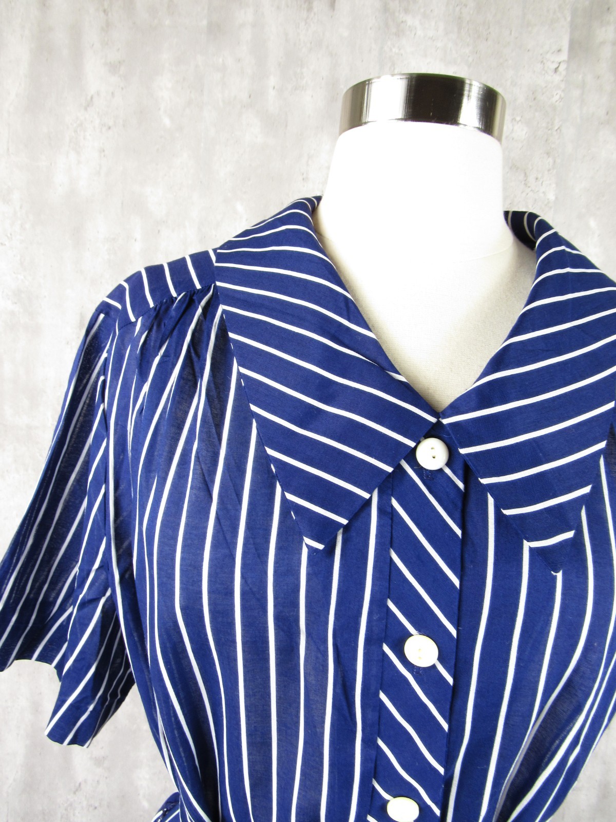 Vintage 40s 50s NEW NOS Blue White Striped Cotton Shirtdress Belted XL Bust 50&Prime;