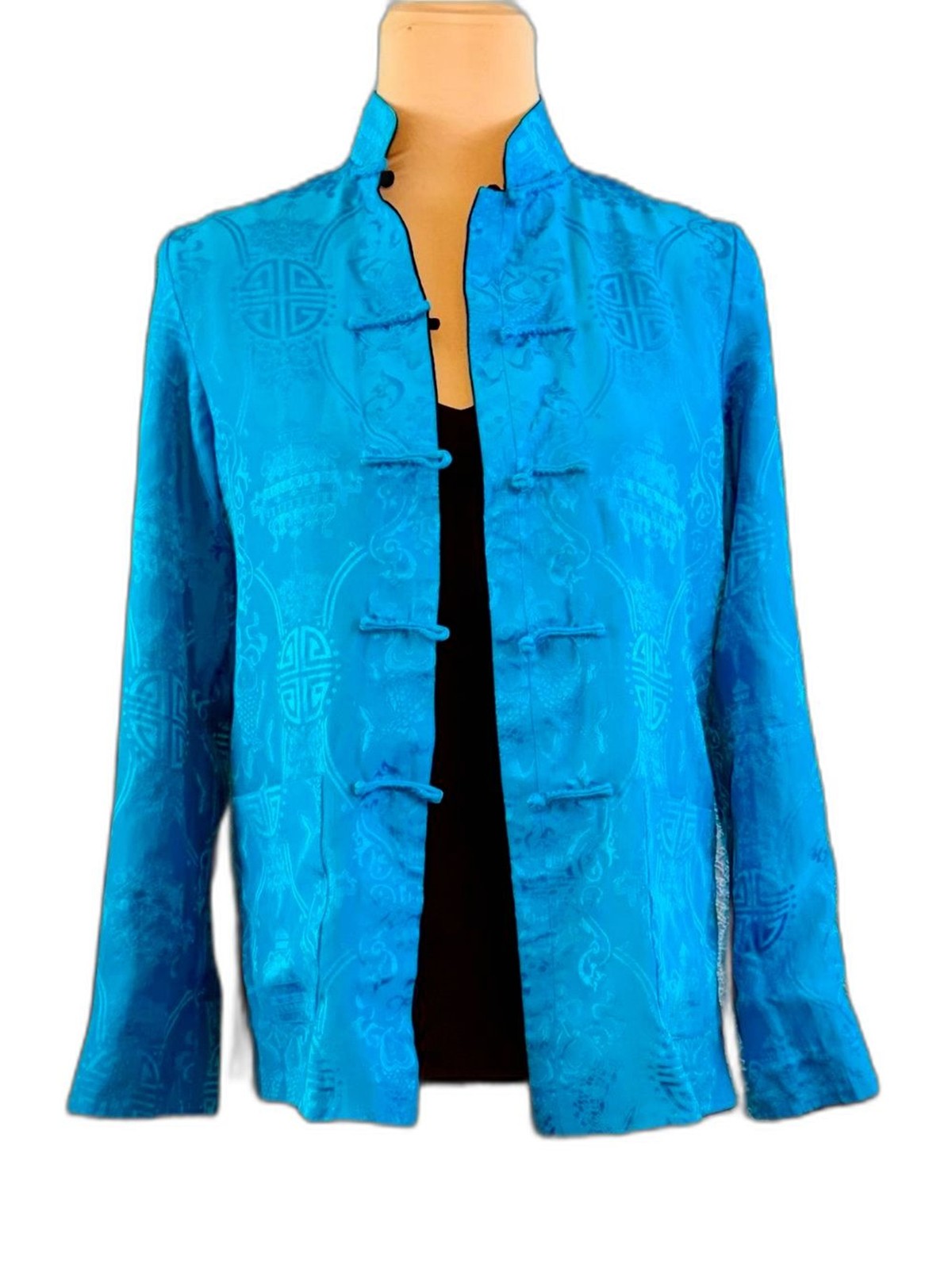 Vintage Henki Reversible Silk Satin Mandarin Jacket Black Turquoise Vtg Sz M