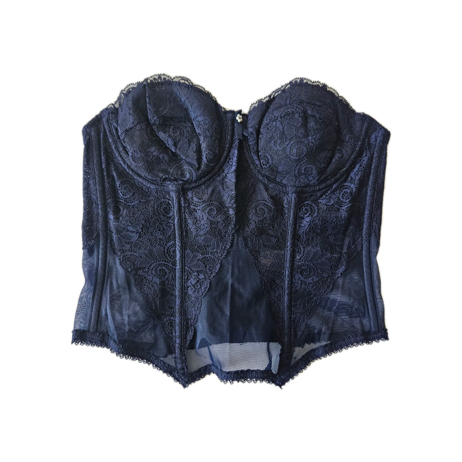 Vtg Lady Marlene Navy Blue Lace + Sheer Hook & Eye Corset Bustier Top 34B