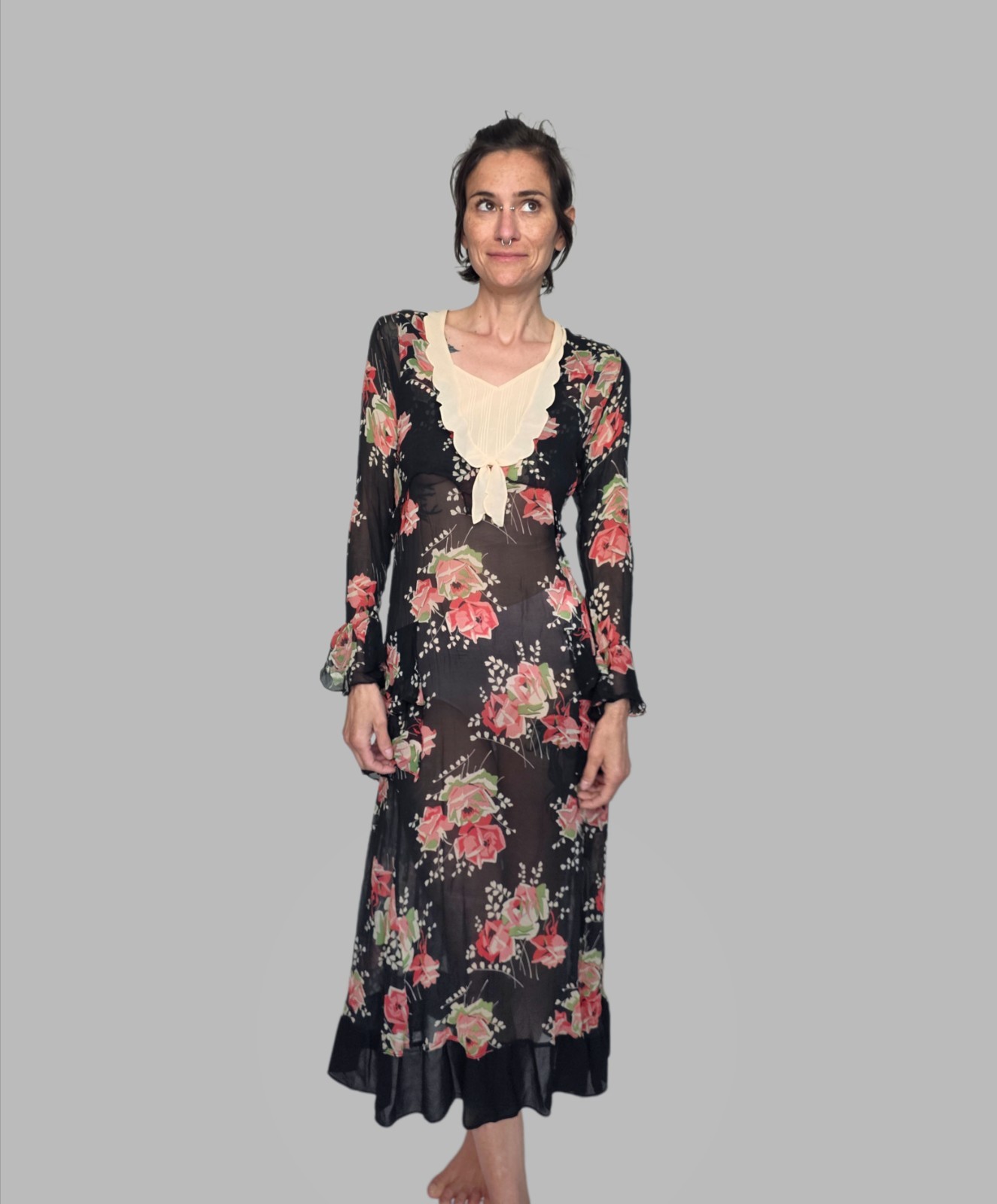 Authentic 1920s Black Silk Chiffon Dress | Floral Appliqué Flapper Gown |…