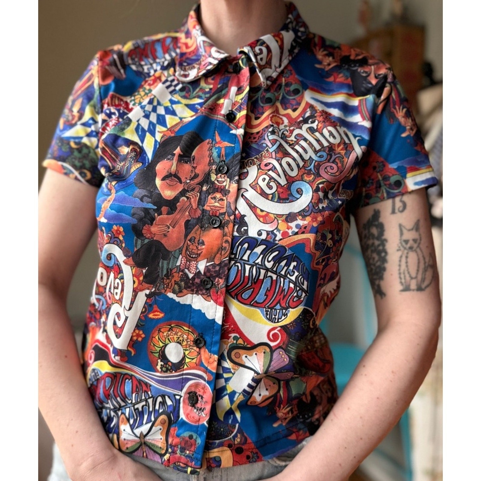 Vintage 90s Psychedelic Beatles Print Shirt | Pop Art Graphic Button Up | S/M