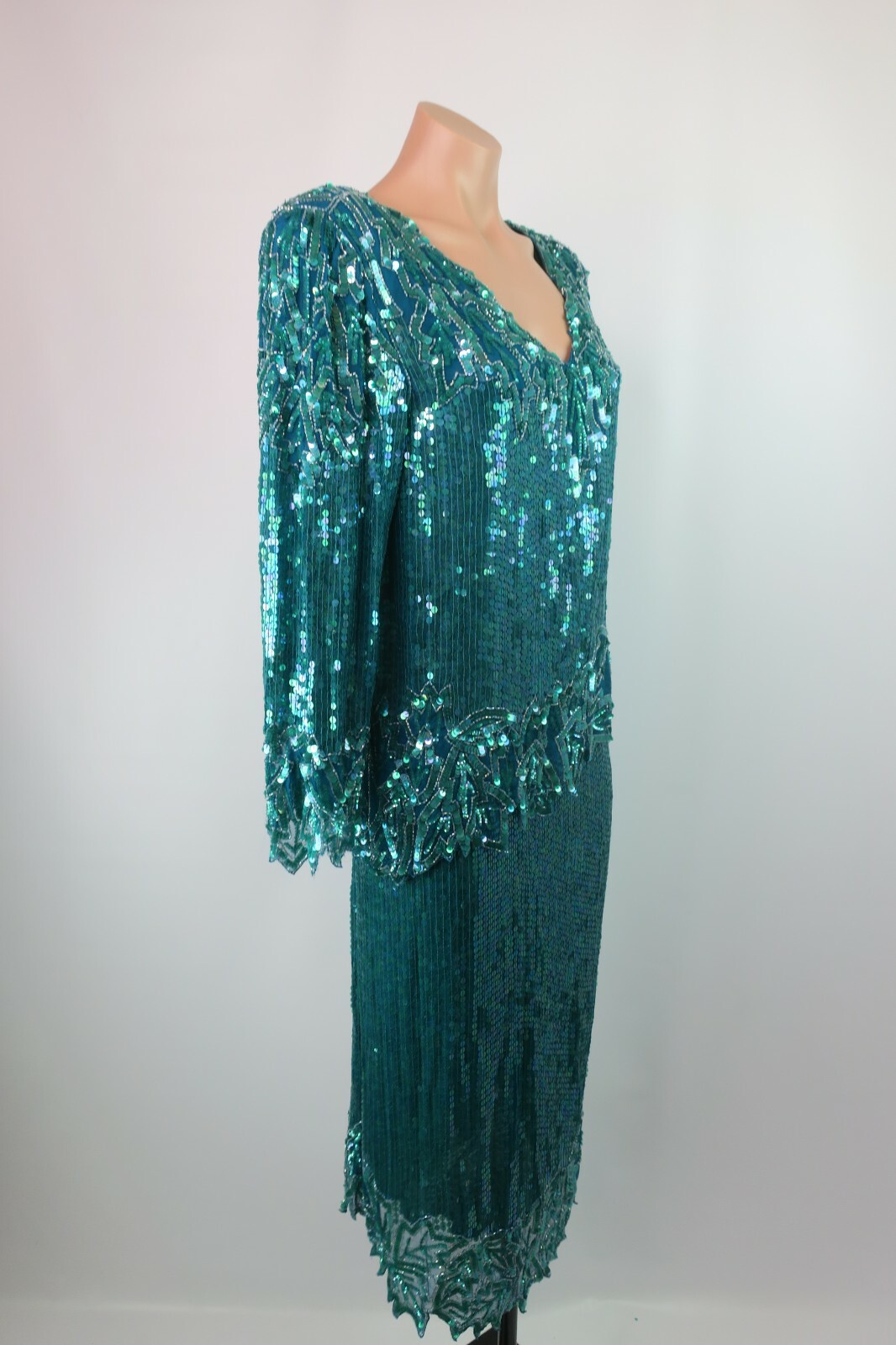 VTG Scala Gatsby Flapper Evening Top Skirt Set Sequin Silk 2-PC Short Sleeve M