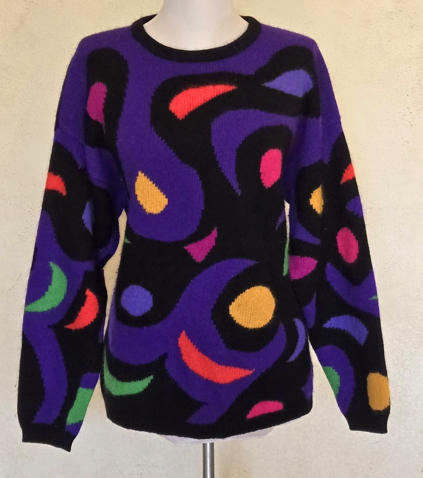 1980s RAFAELLA Angora Lambswool Sweater With Vibrant Abstract Design Size Large