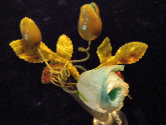 Vintage Millinery Flower Aqua Blue 1&Prime; Rose + Buds + Velvet Leaf G84