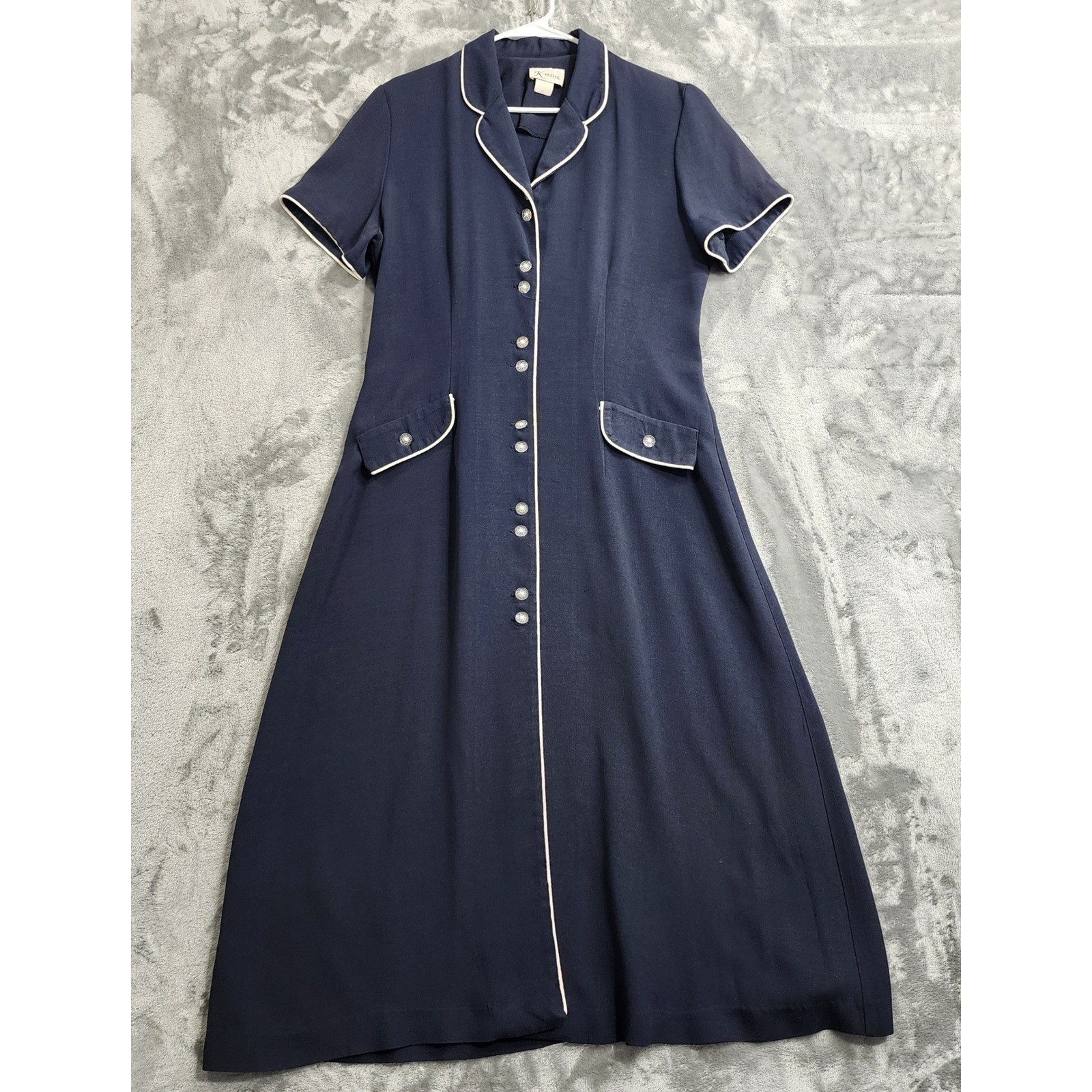Vintage K Petite Dress Women 12P Blue White Piping Trim Maxi Button Front Modest