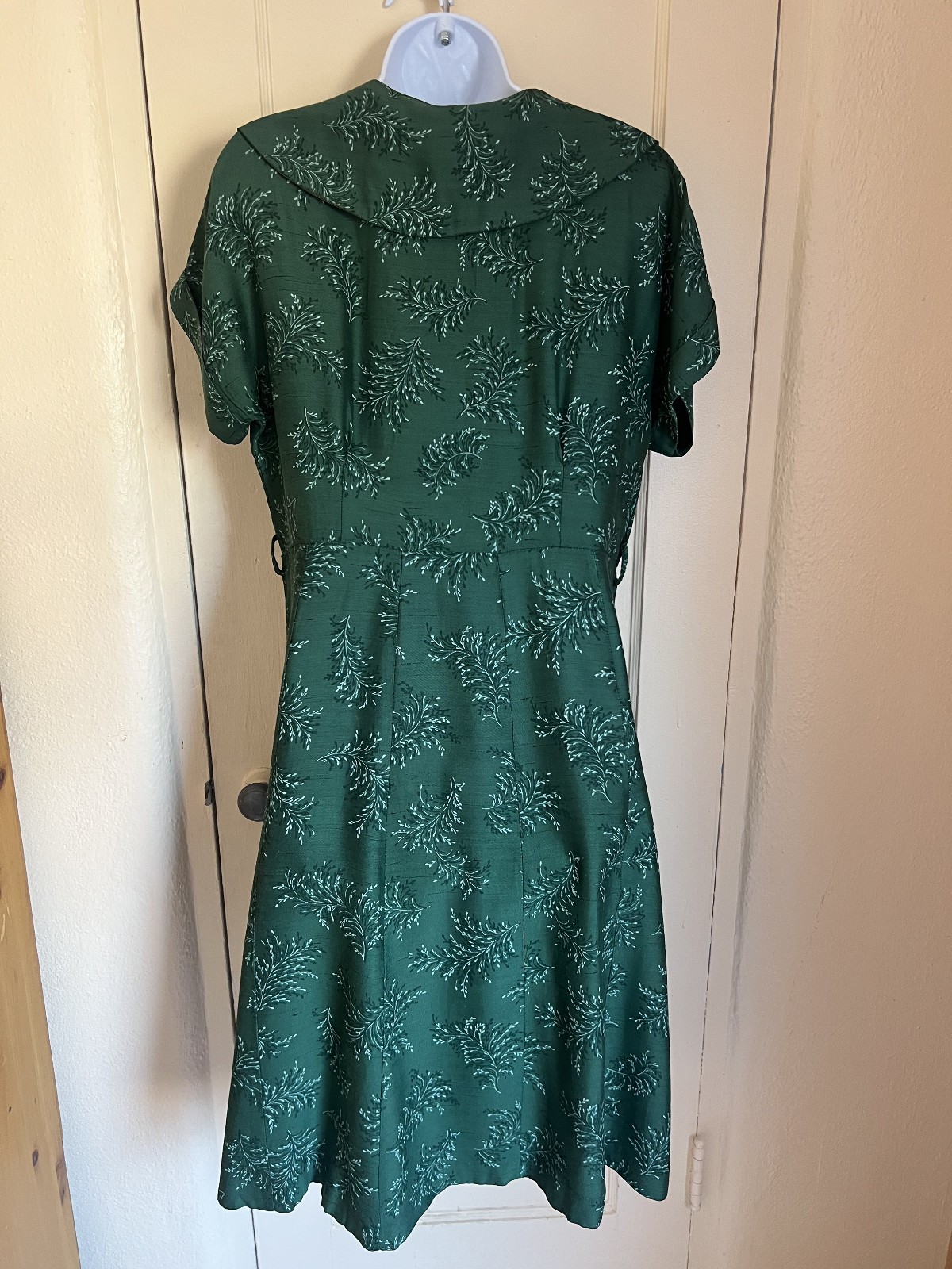 1950s Green Floral Crystal button Vintage Hand-Sewn short sleeve Dress L sz 12