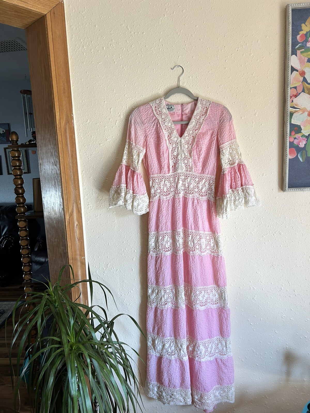 Rare | Vintage 70’s Mexican Wedding Dress – SMALL – MAXI Dress – Pink