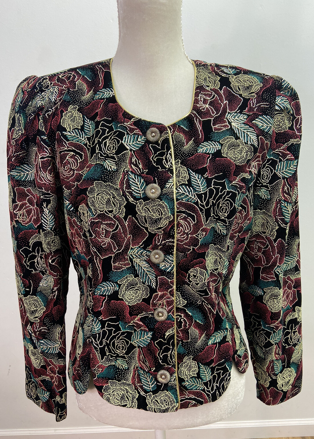 Another Thyme Vintage Multi Color Floral Puffed Sleeve Blazer Size 14 Textured