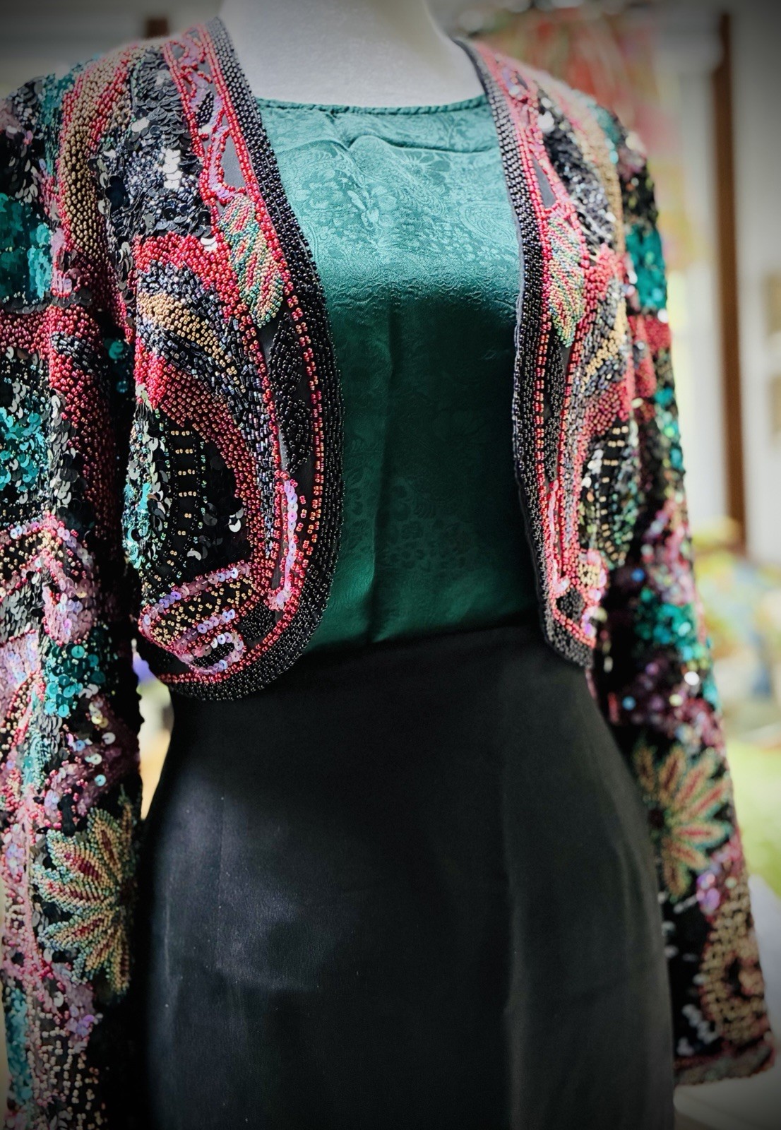 Vntg ‘80s A.J. Bari Silk Beaded Sequin Cropped Bolero Jacket S MFormal Cocktail