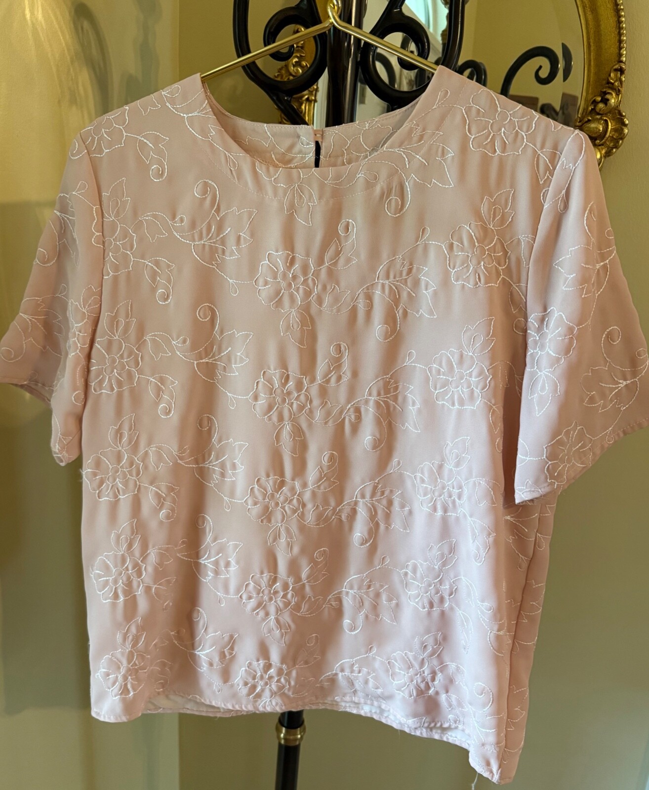 FRITZ & LLOYD Vintage Blush Pink Embroidered Short Sleeve Popover Blouse Sz 12