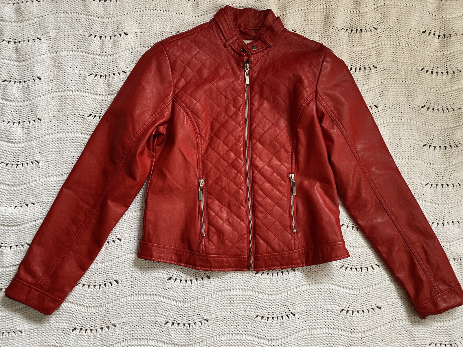 VTG ROUTE 66 Y2K Red Faux Leather PU Biker Retro Moto Jacket Thriller Women M