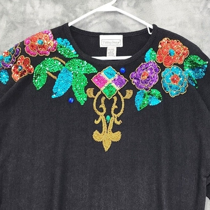NEW Vintage Fitting Image Sweater Womens 14/16 Black Multicolor Sequin Beaded