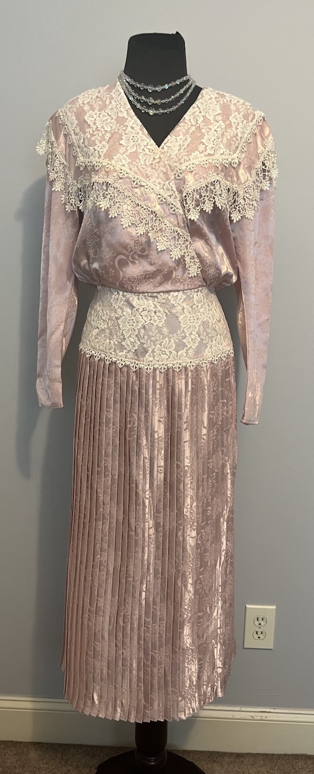 Vintage 80s 90s Scott McClintock Satin Lace Brocade Jacquard Pleated Dress