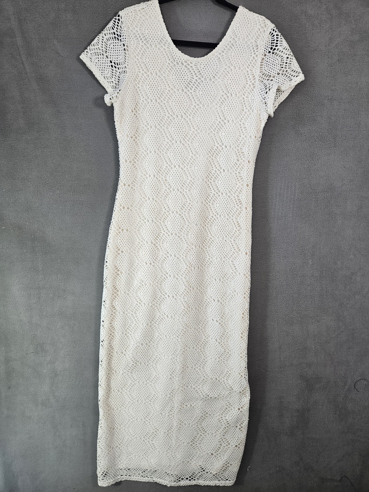 Vintage 90s Newport News Ivory Crochet Lace Sheath Maxi Dress Croquet Size 14