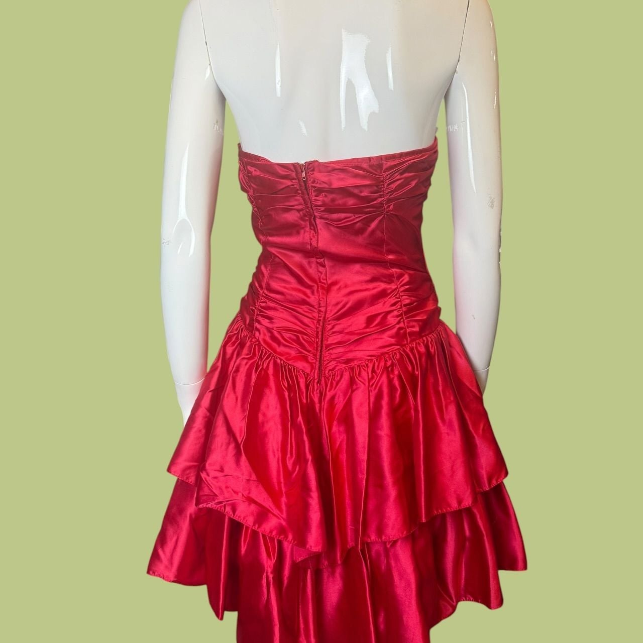 Vintage 1980s Roberta Red Satin Strapless Ruffled Party Dress