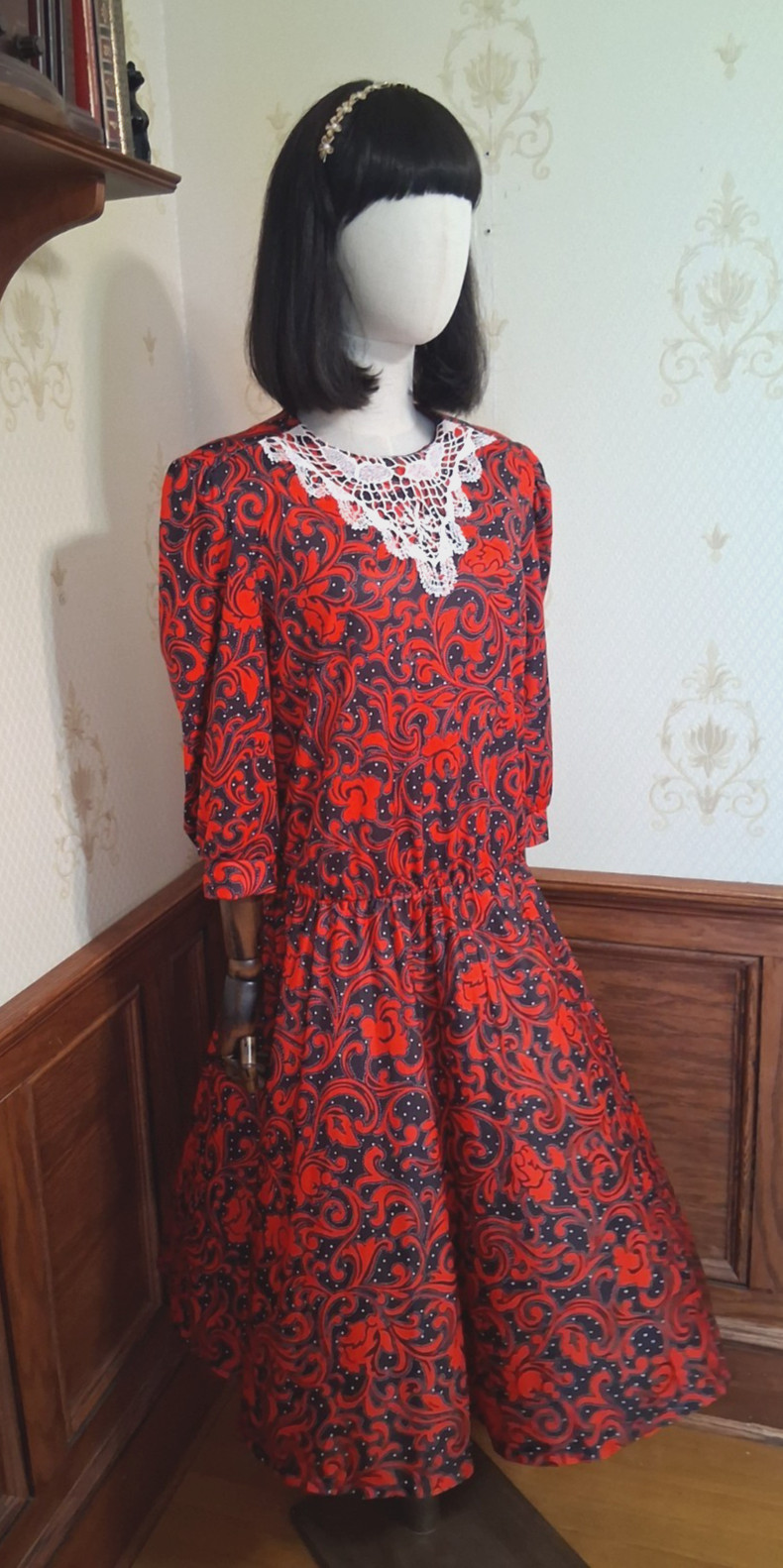 Vintage 1980s European Connection Red Black Gatsby Cottagecore Prairie Dress