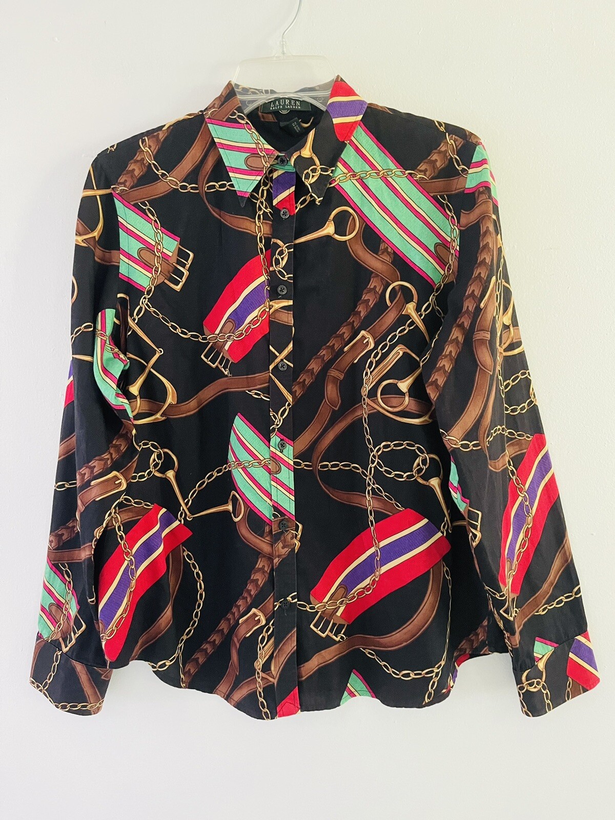 Vintage Ralph Lauren Green Label Equestrian Horse Bit Print Blouse Size Large