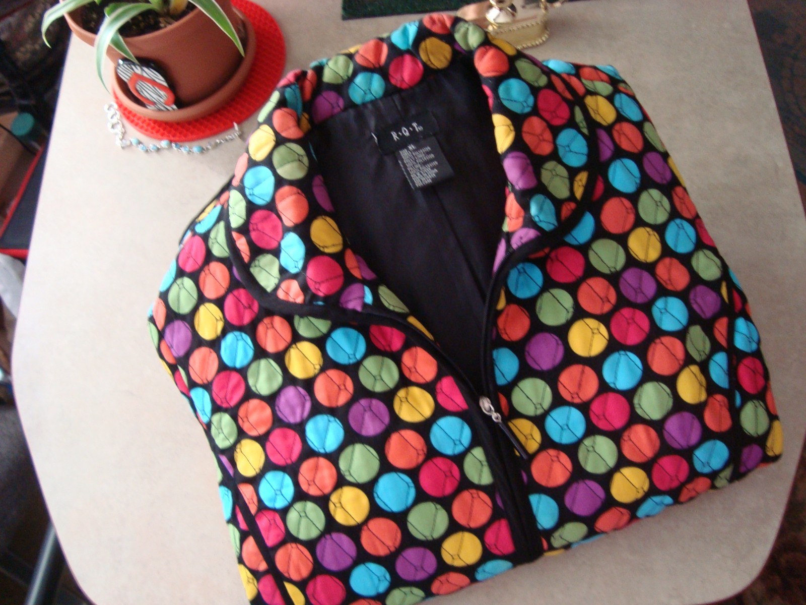 Vintage RQT ART TO WEAR Jacket*Multi Color « Baseball »Polka Dots*XL*Lined*Quilted
