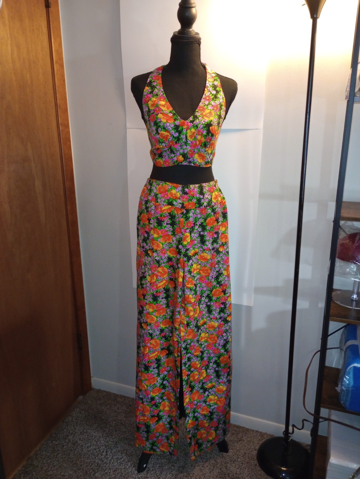Vtg 60s XS~S 2 Pc SET Floral Halter Top & Wide Leg Pant Hippie Homemade Hallowee