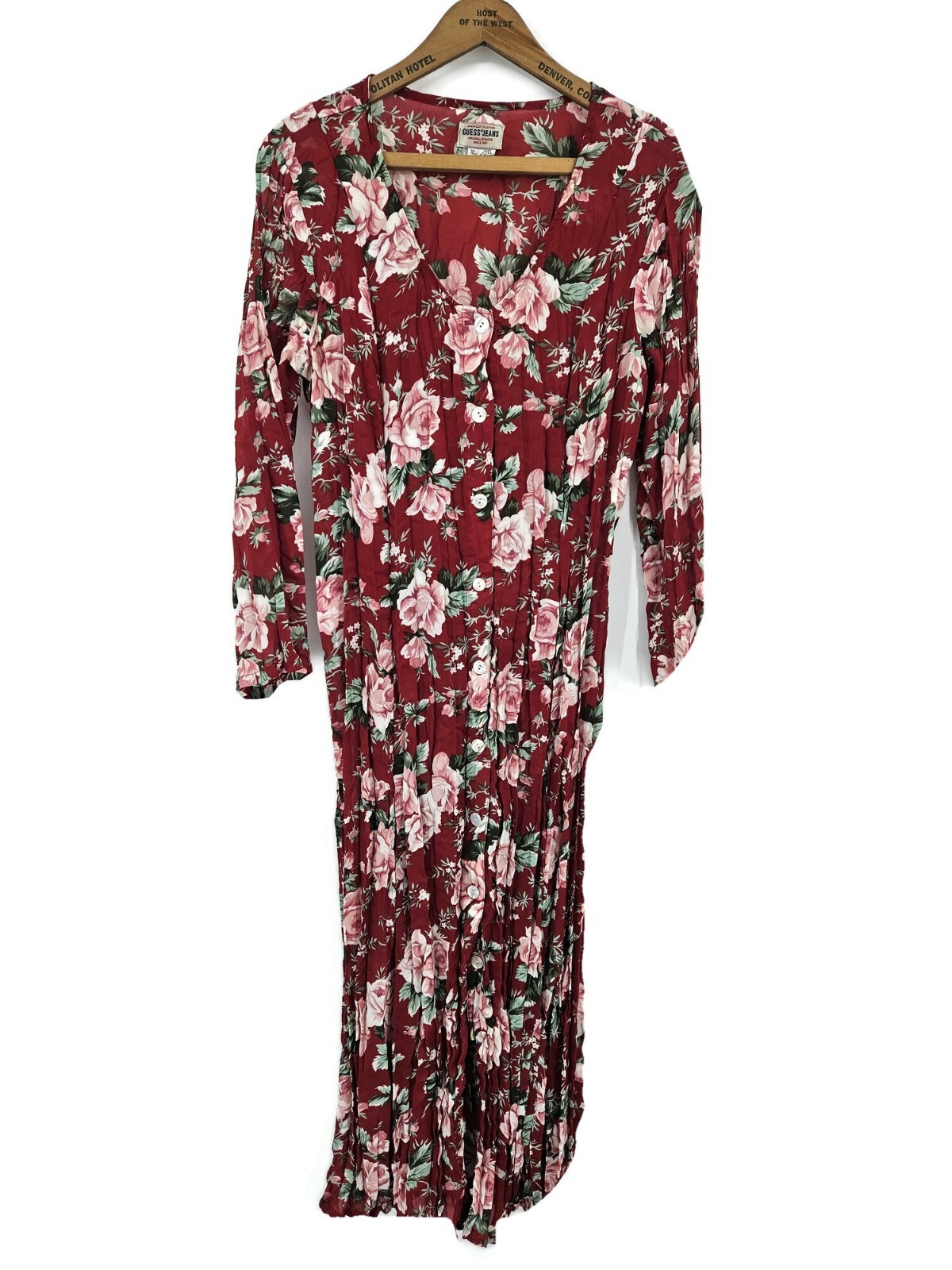 VTG 90s Guess Dress Womens XL Red Pink Floral Long Tie Back Sheer