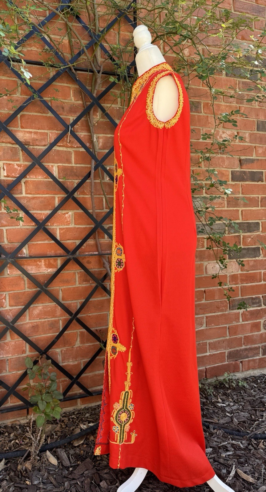Vintage 1960s Red Hostess Column Maxi Dress With Gold Soutache Embroidery Size M