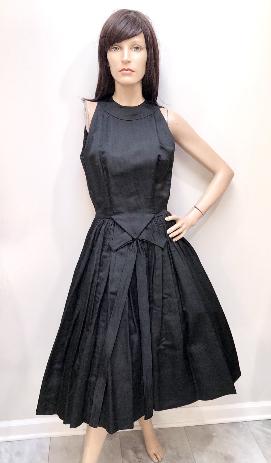 VTG 1950s OLEG CASSINI Silk Tuxedo Front BLACK TIE COUTURE Cocktail Dress XXS