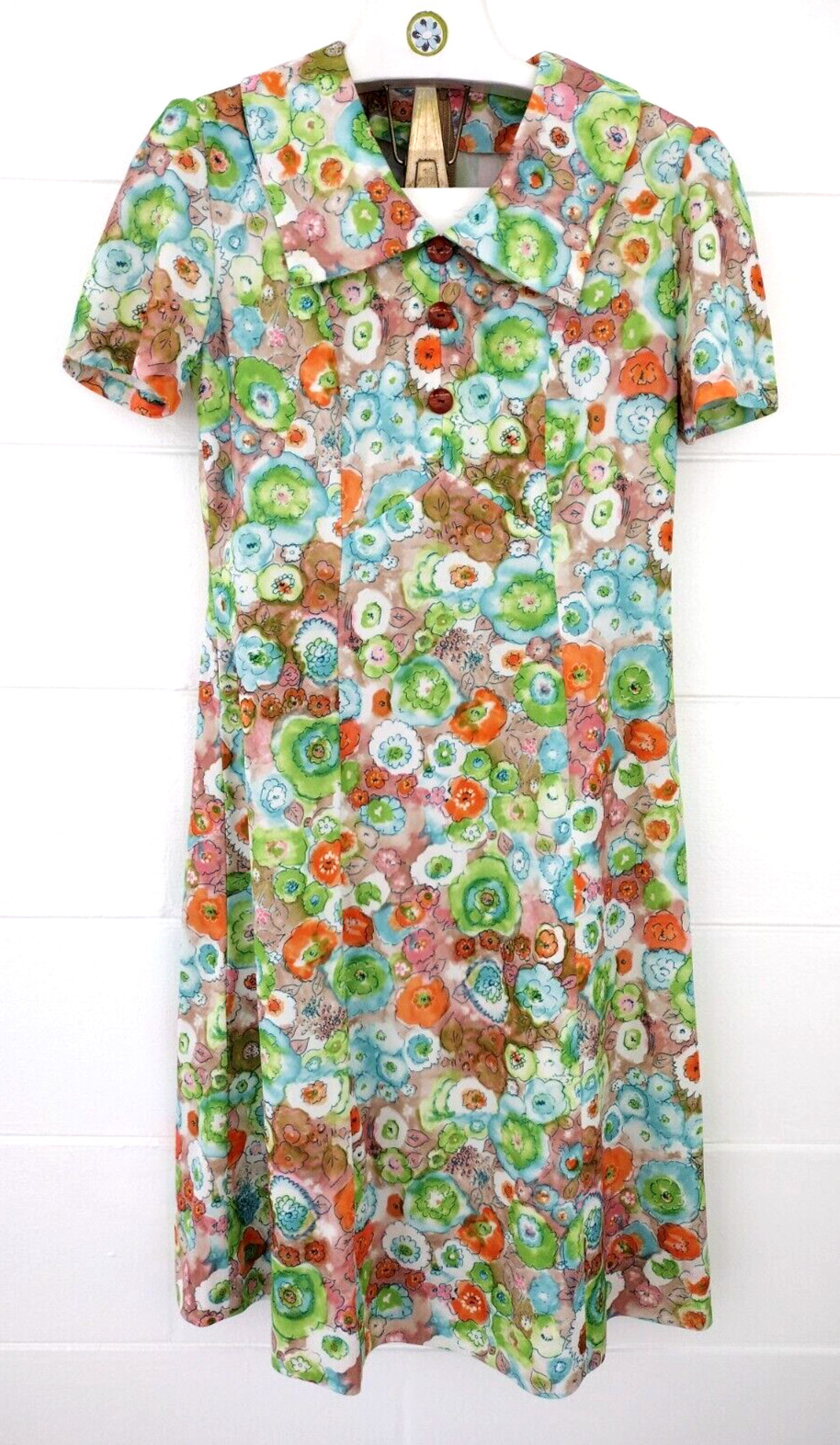 Vtg 60&rsquo;s Retro Floral Dress Short Sleeve A-Line Green Orange Back Zip Homespun