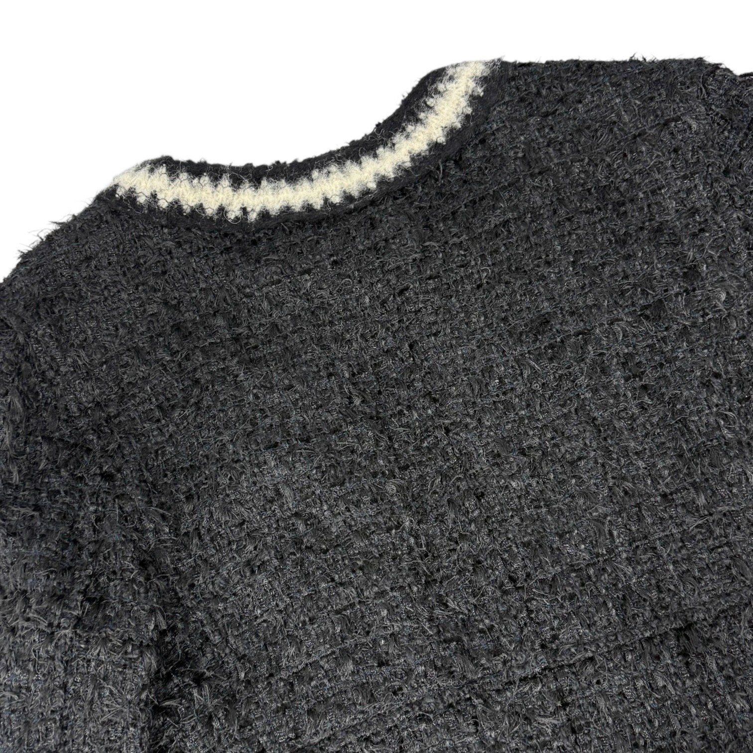 CHANEL Vintage 98A Tweed Jacket Top CC Logo Button #36 Black White Polyester