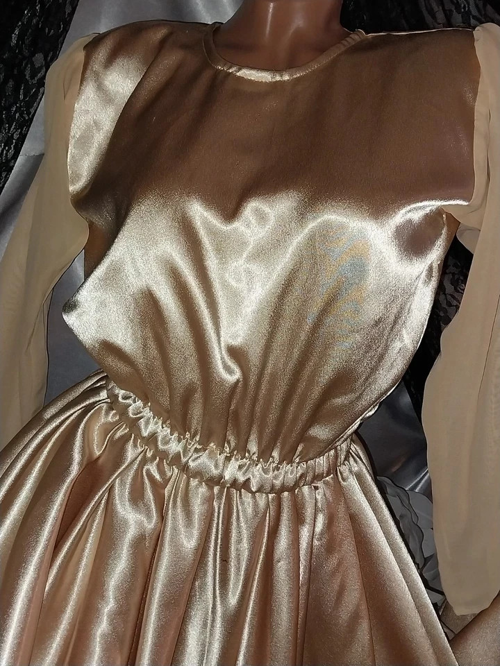VTG REAL SATIN GOLD LAME 400&Prime; SWEEP 40S STYLE Wedding EVENING MAXI GLAM Dress 38