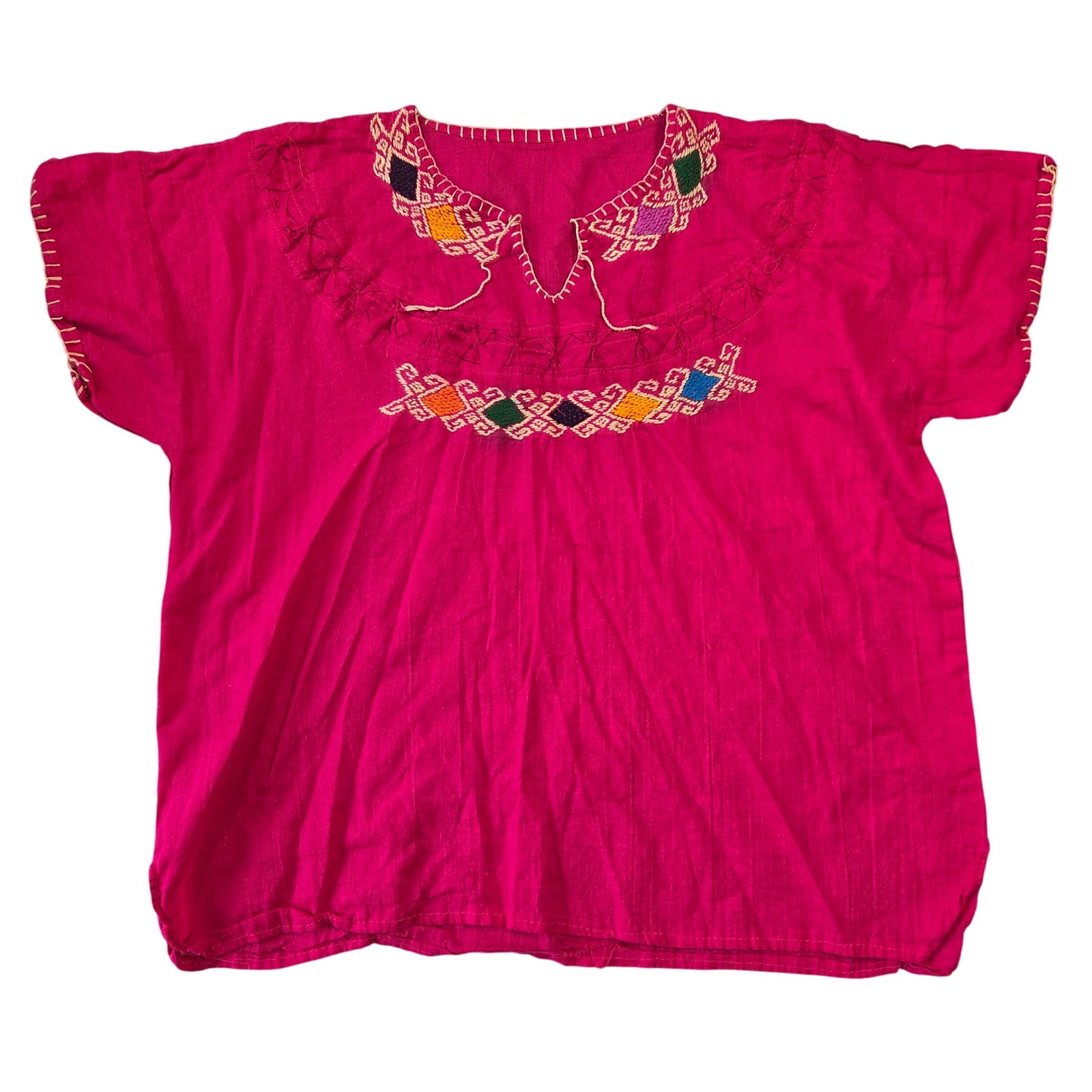 Vintage Mexican Peasant Blouse Hot Pink Hand Embroidered Huipil Boho Top Large