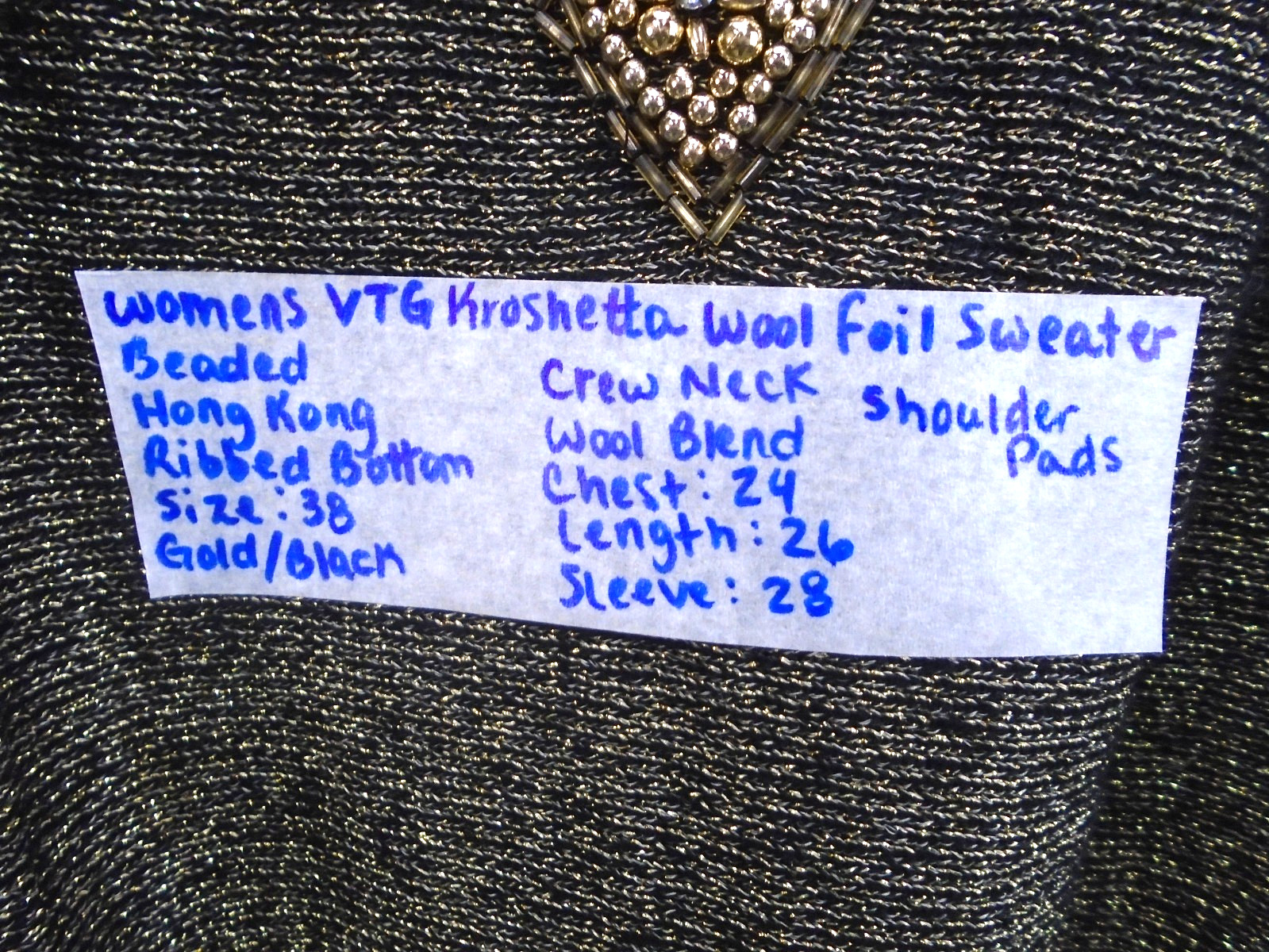 Vintage Kroshetta gold beaded wool foil sweater Womens Size 38 Made in Hong Kong