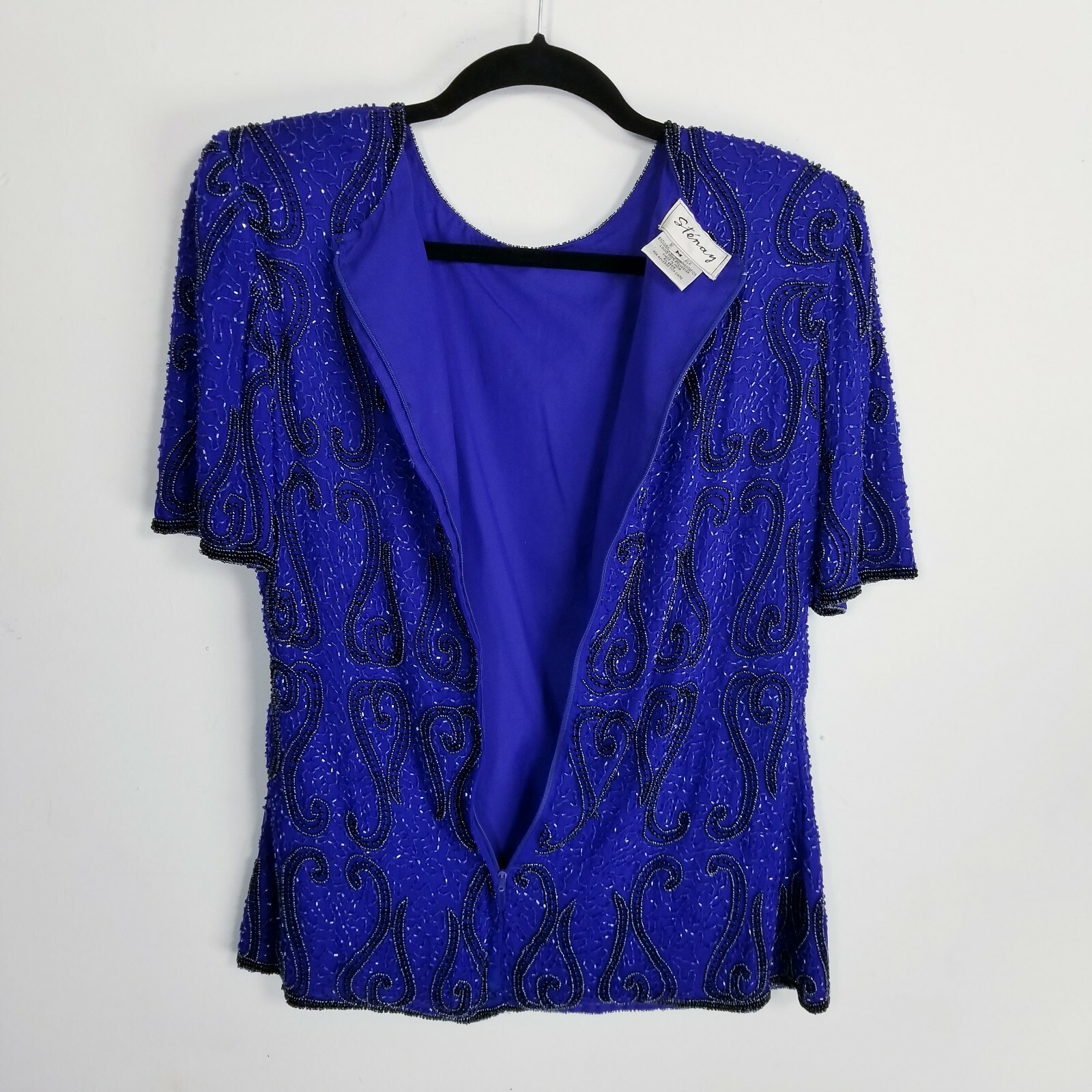 Stenay Medium beaded evening blouse Women royal blue short sleeve zip up vintage